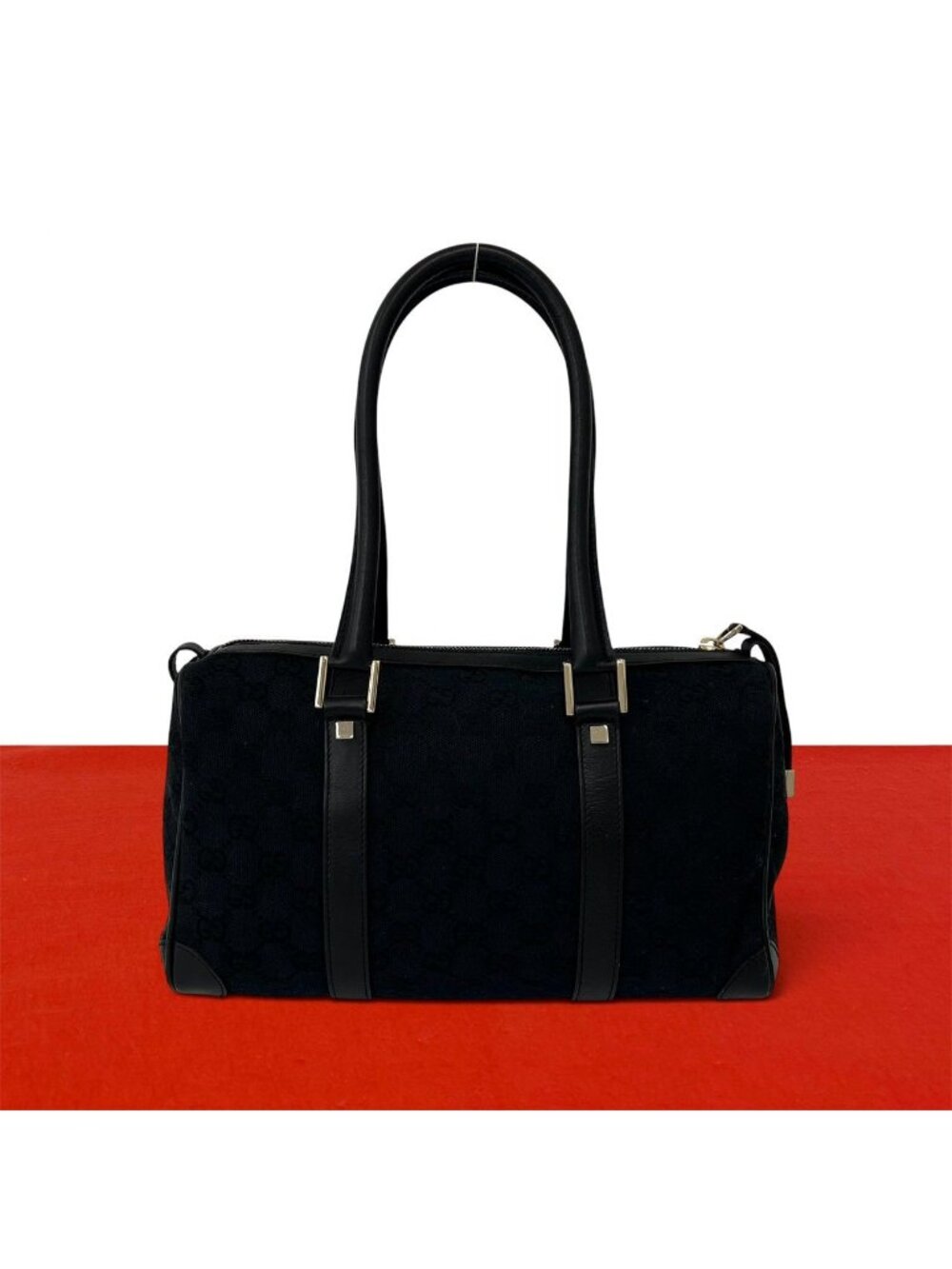 Gucci GG Pattern Logo Canvas Leather Tote Shoulder Bag Mini Black